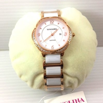 日本 TIVOLINA 高帽子 防刮 藍寶石水晶玻璃 玫瑰金 鑲鑽 白陶瓷錶帶  女錶 石英錶  BAG3767-W