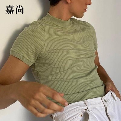 男T恤 襯衫男2022歐美跨境ebay秋季新款 修身牛油果綠短袖t恤針織衫上衣