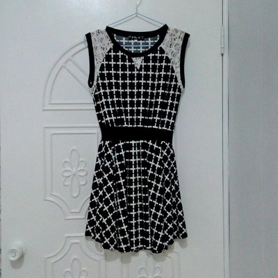 【1158】無袖 拼蕾絲 洋裝 黑白格紋 二手