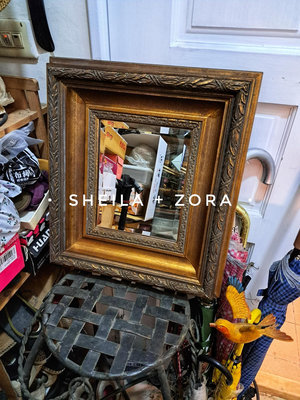 🎉 免運 🎉 🔊 古典洛可可風格木製雕花雙框掛鏡／歐洲宮廷風金棕色鑲邊壁鏡／vintage 老件