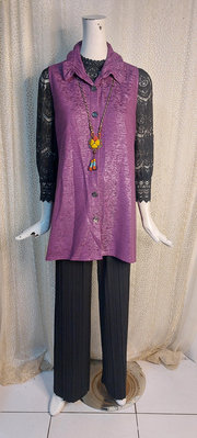 Y224琦富服飾水晶紫色荷葉領開襟微傘形長版背心F