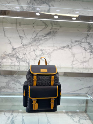 UU代購#COACH 黑色拼黃色印花雙肩包 男士後背包 Sprint Backpack 通勤包 旅行必備包