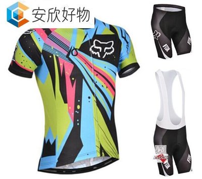 cycling wear FOX 狐狸頭環法短袖騎行服套裝 背帶自行車服衫褲~安欣好物
