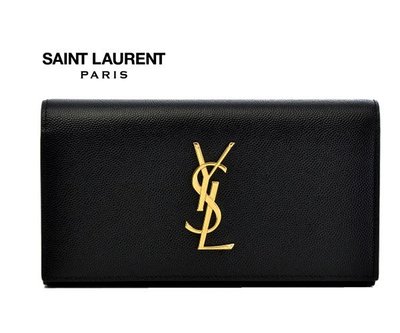 Saint Laurent Paris YSL立體金屬金色LOGO×黑色真皮兩摺長夾 皮夾 錢包｜100%全新正品｜特價