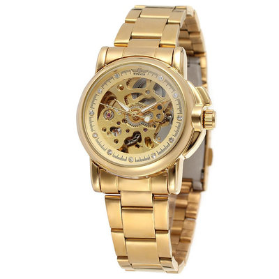 現貨女士手錶腕錶WINNER韓版女士時尚休閑小錶盤鋼帶金錶機械機芯 全自動機械手錶