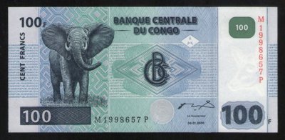 wp008，2000 年，剛果（Congo）100 Francs 紙幣雙字軌#P-92，UNC。
