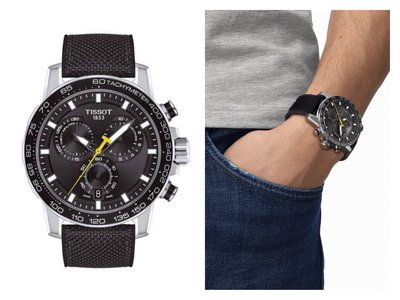 TISSOT Supersport Chrono 黑色面錶盤 黑色帆布尼龍錶帶 石英 三眼計時 男士手錶 T1256171705102 天梭腕錶