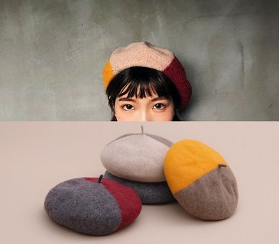 ＳＥＹＥＳ　復古日韓文藝自然風百搭拼色羊毛畫家貝蕾帽
