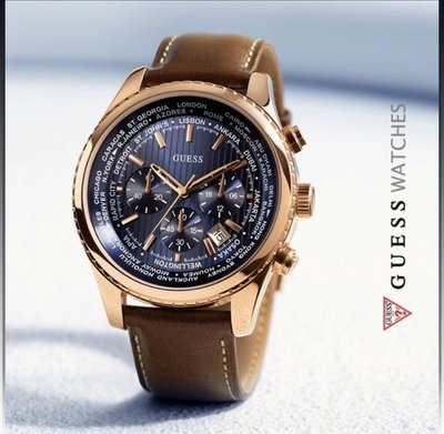 GUESS 藍色錶盤棕色皮革錶帶石 三眼計時 男士手錶 W0500G1