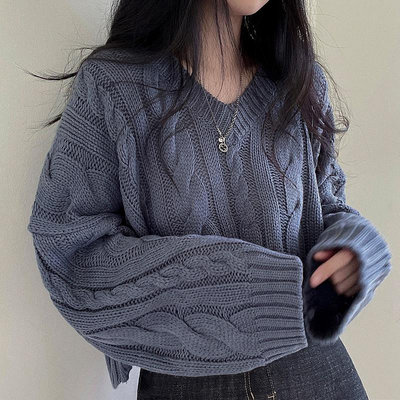 韓國chi復古麻花粗針毛衣套頭短版長袖針織衫