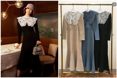 🌸Lenas通販⭐特價⭐2023年1月日本SNIDEL三色甜美氣質復古可拆卸蕾絲大翻領針織魚尾裙長袖洋裝