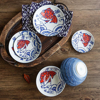 美濃燒正品日本進口餐具陶瓷日式手繪鯛魚米飯碗碟家用泡面碗盤子