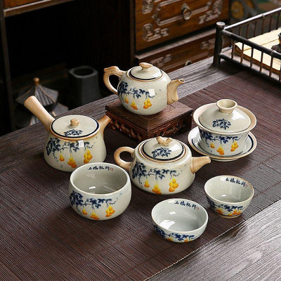 粗陶側把壺復古手繪茶壺蓋碗功夫茶具配件套裝原礦紫砂開片可養壺