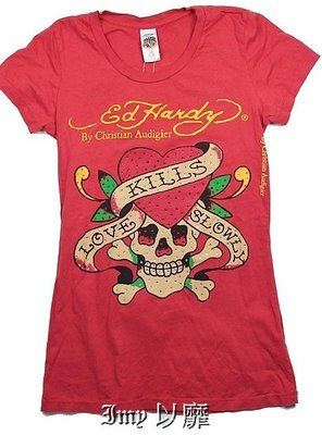 Ed Hardy 女短袖 T 恤 Love Kills 愛心骷顱 彩鑽設計 刺青潮牌 紅色 XS 【以靡 imy88】
