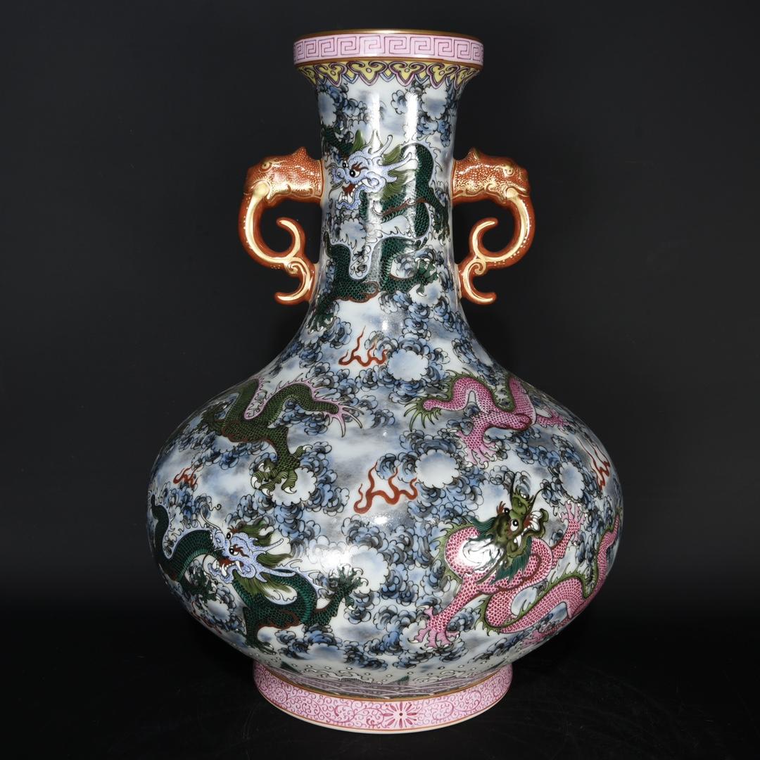 清乾隆粉彩龍紋雙耳瓶，28.5×21 cm ，5800419粉彩瓷器古瓷| Yahoo奇摩拍賣