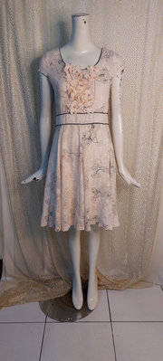 X143品牌di marzia珍珠粉印花氣質連身裙洋裝M
