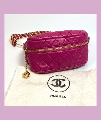 Chanel vintage mini 玫紫色羊皮山茶花多層鏈條腰包胸包