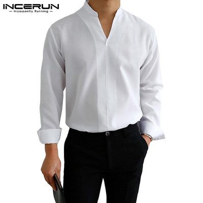 現貨：INCERUN男士日式休閒V領長袖純色寬鬆襯衫