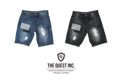 【QUEST】 2014 S/S DENIM SPLICE SHORT 單寧拼接 水洗破壞 牛仔短褲 藍色 黑色