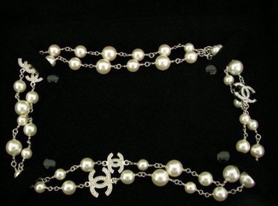 Chanel水鑽雙C logo珍珠銀鍊項鍊