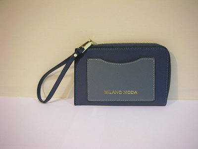全新 Milano Moda 撞色搭配硬挺牛皮手拿包單只 [ 藍色撞色款 ] L 型拉鍊開合 /女用簡易皮夾卡夾包零錢包