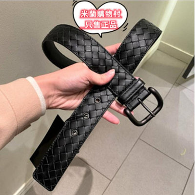 BV Bottega Veneta 173784 黑色 小牛皮 編織 寬版 bv皮帶