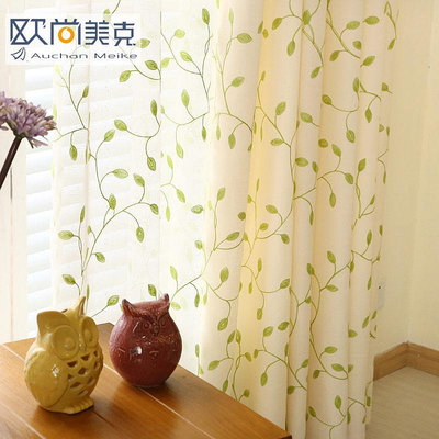 定製繡花田園韓式窗簾半遮光窗紗成品客廳臥室樹葉米色窗簾