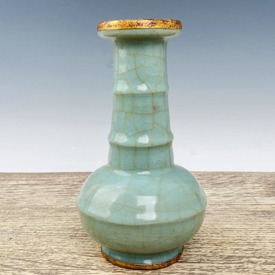 古瓷器 古董瓷器 龍泉官瓷包金口花瓶高23公分直徑13公分編號20092403400-17664