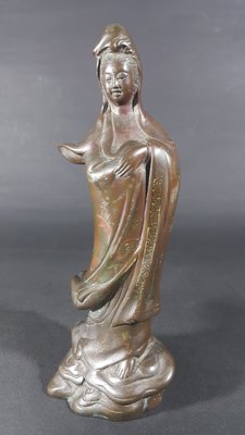 [銀九藝] 早期古董銅雕 紫銅鉆銀 觀音