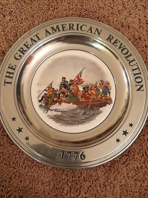 美國錫制賞盤 美國大革命瓷板畫 錫盤鑲瓷板畫紀念掛盤海外回流