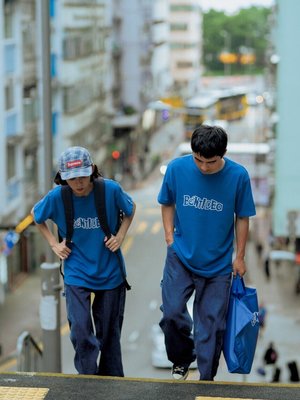 熱賣 BENT IDEA夏季 限定藍色LOGO寬松情侶新疆棉短袖T恤 街頭潮T桖圓領T