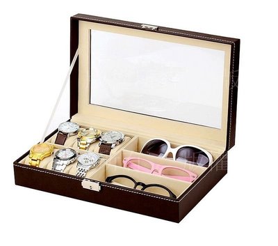 咖啡色 附鎖 3格 眼鏡盒+6格 手錶盒 BA003 手錶 收納盒 首飾盒 太陽眼鏡盒 機械錶收藏盒