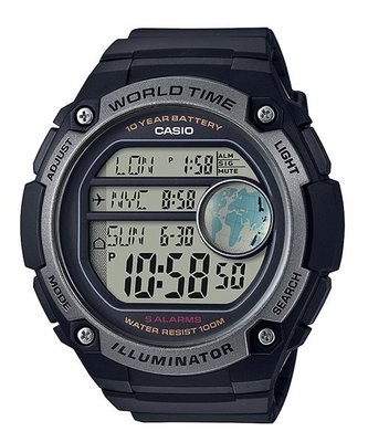 【CASIO 專賣】AE-3000W-1A 休閒與運動風的錶面設計，採用液晶螢幕數位顯示，錶盤上方顯示世界地圖資