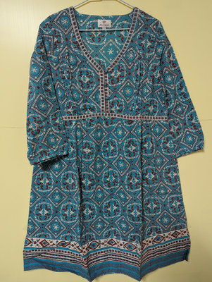 印度精品棉質土耳其藍蓋印伊斯坦圖騰七分袖庫塔短洋裝anokhi