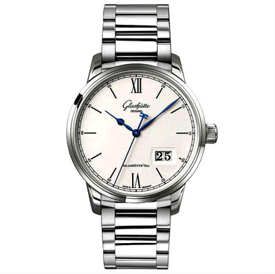 GLASHUTTE ORIGINAL 格拉蘇蒂 議員卓越系列 40mm 大日曆 白面盤 精鋼錶帶 機械錶 1-36-03-01-02-71