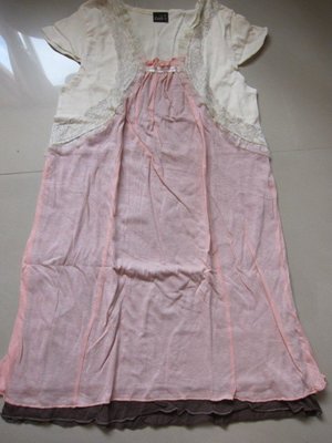 9【LENS】米白色外套搭粉紅色咖啡色內裡短袖洋裝~M