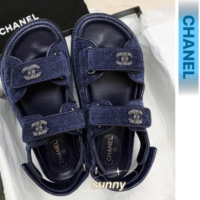 Chanel 印花雙C魔術貼 深藍牛仔單寧絲絨涼鞋  -SUNNY