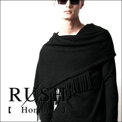 RUSH Hombre (曼谷空運) 設計師款不對稱側扣式寬流蘇繞領長袖上衣-黑 (男女皆可) (原價980)
