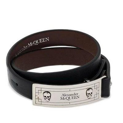 Alexander McQueen 銀色骷髏鐵牌雙環皮革手環
