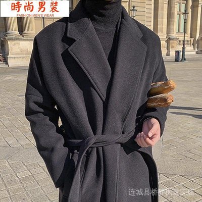 男士雙面羊絨毛呢大衣男長款過膝韓版英倫風春秋百搭落肩風衣外套 9KWF-时尚男装