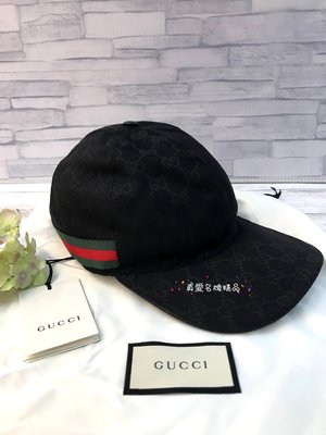 《真愛名牌精品》GUCCI 200035 黑色緹花布 GG logo 綠紅綠 帽子  *全新品*