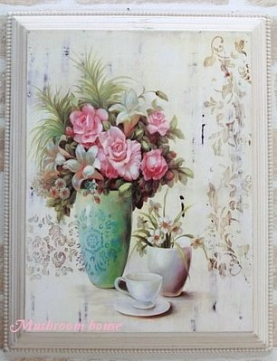 點點蘑菇屋{木板彩繪掛畫}粉紅玫瑰白百合花瓶花茶杯木框畫 花盆 壁飾 掛畫 鄉村雜貨