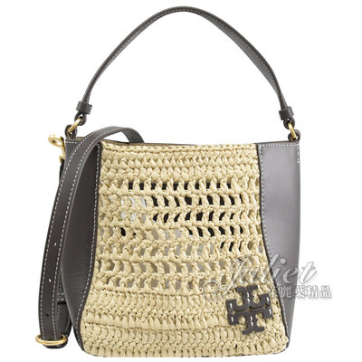 【茱麗葉精品】【全新商品】TORY BURCH 專櫃商品 135656 MCGRAW 草編拼皮兩用水桶包.深咖 現貨