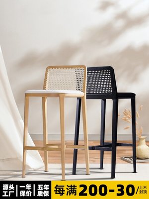 倉庫現貨出貨實木藤編吧椅現代簡約家用高腳靠背椅設計師北歐咖啡廳前臺椅子