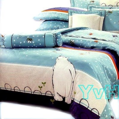 ==YvH==YV台灣製~1534北極熊 藍色 5x6.2尺雙人鋪棉床包枕套3件組 100%純棉 (現貨)