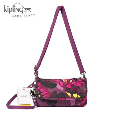 新款熱銷 Kipling 猴子包 紫玫瑰印花 K14348 休閒 拉鍊斜背手提多用小包 斜背包 旅遊 防水 附兩條背帶 限時優惠