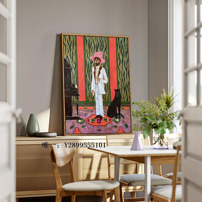 掛畫美國小眾粉紅帽子西部人物高級感文藝裝飾畫復古創意油畫客廳掛畫裝飾畫