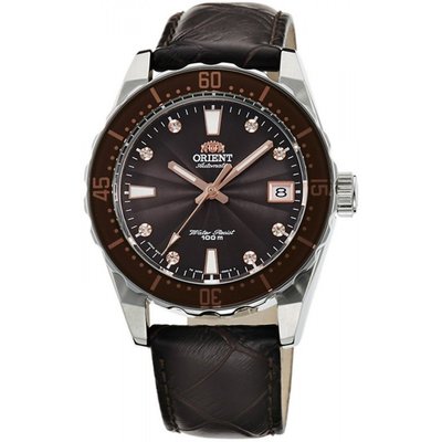 ORIENT WATCH 東方咖啡色放射紋面100m潛水自動上鍊機械皮帶腕錶 型號：FAC0A005T
