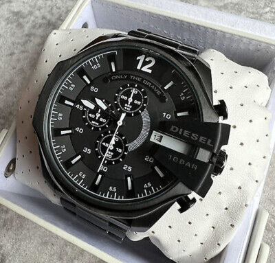 DIESEL Mega Chief  黑色面錶盤 黑色不鏽鋼錶帶 三眼計時 石英 男士手錶 DZ4283