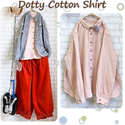 日貨 Dotty Cotton Shirt 無印風職人點點印小花木釦棉紗襯衫-淺粉 附別針 Size F(約M~L )